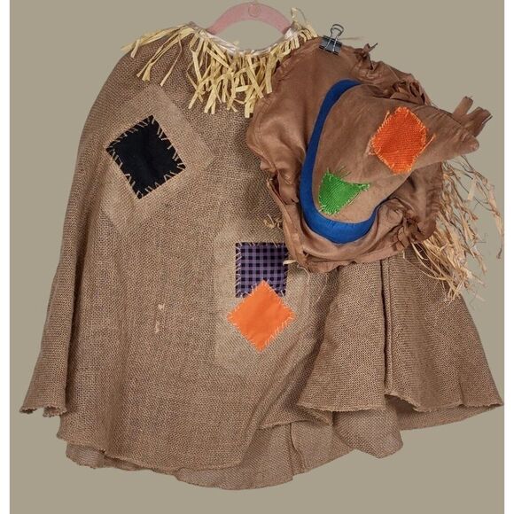 Scarecrow Burlap Cape & Hat Costume Set With Patchwork One Size Fits Most Adults - Picture 1 of 4